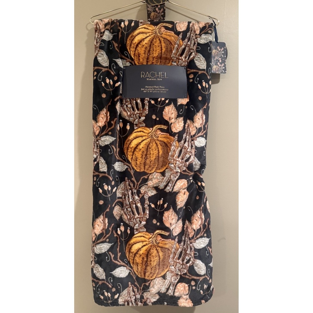 Rachel Roy Pumpkin Skeleton Hand Oversized Plush Throw Blanket 60x70 Halloween